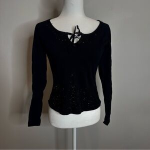 Vintage Y2K 90s Beaded Embroidered Whimsigoth Bow Shirt Fairy Grunge Glam M